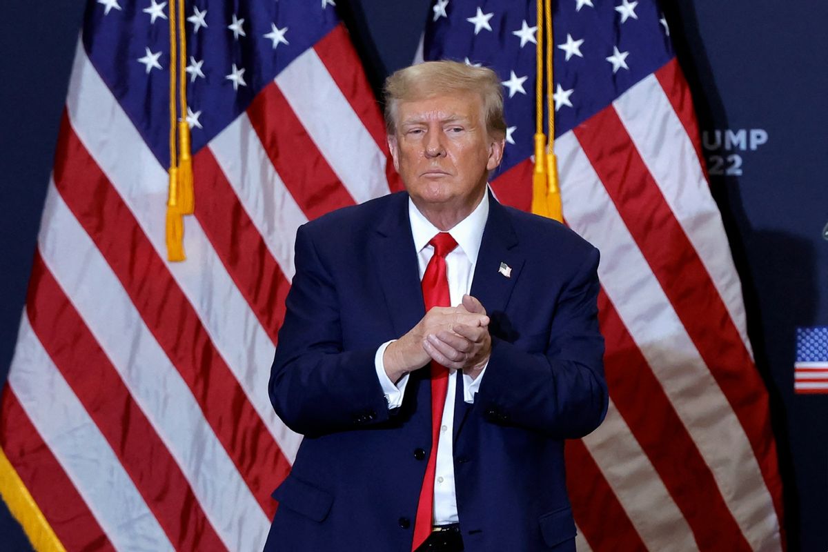 Former U.S. President and 2024 presidential hopeful Donald Trump gestures at the end of a campaign event in Waterloo, Iowa, on December 19, 2023.  (KAMIL KRZACZYNSKI/AFP via Getty Images)