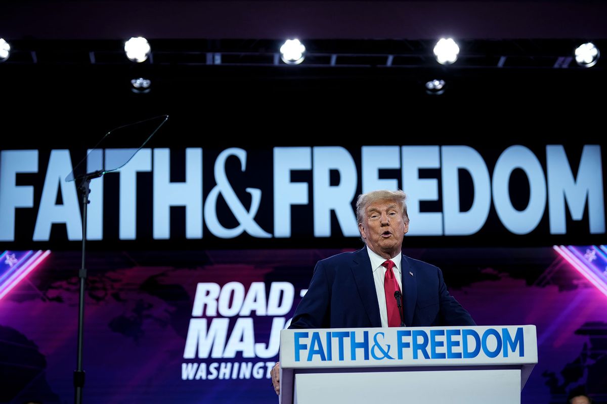 Republican presidential candidate former U.S. President Donald Trump speaks at the Faith and Freedom Road to Majority conference at the Washington Hilton on June 24, 2023 in Washington, DC. (Drew Angerer/Getty Images)