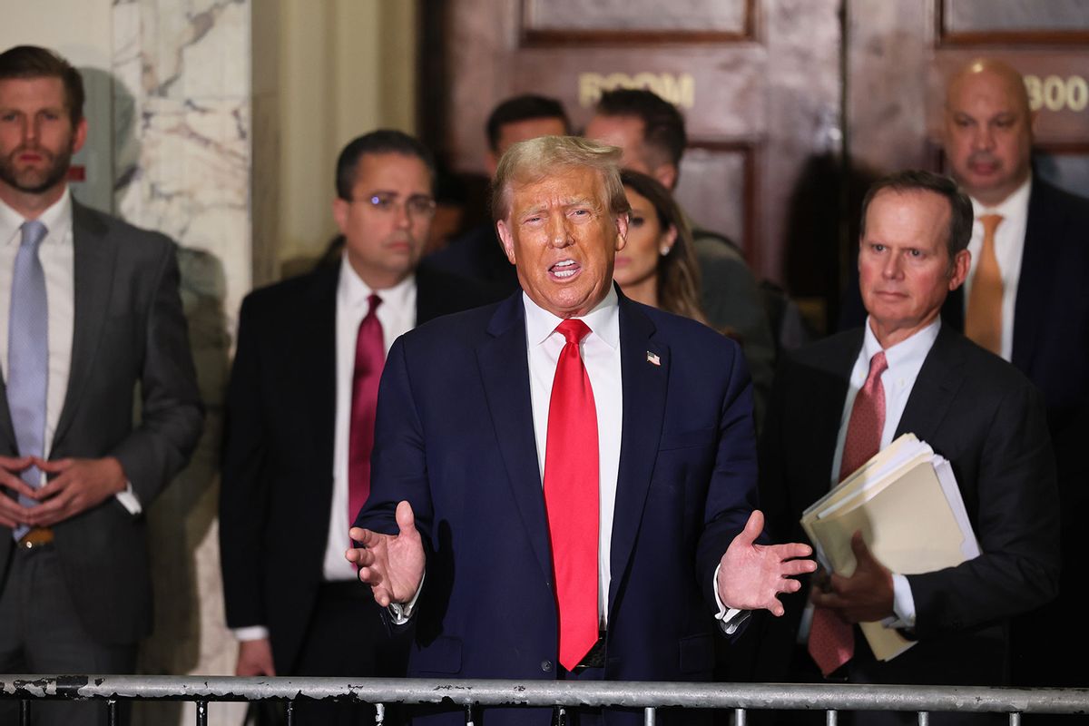 Former President Donald Trump speaks as the court takes a lunch break during his civil fraud trial at New York State Supreme Court on October 17, 2023 in New York City. (Michael M. Santiago/Getty Images)