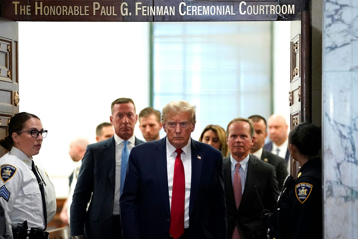 Former US President Donald Trump departs during a break in the civil fraud trial against the Trump Organization, at the New York State Supreme Court in New York City on December 7, 2023. (TIMOTHY A. CLARY/AFP via Getty Images)