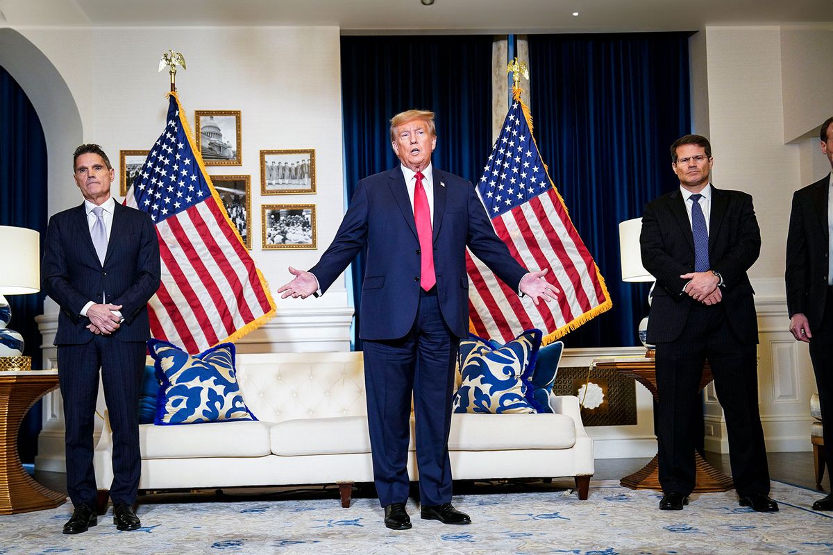Former president Donald Trump speaks to the media at Waldorf Astoria following his appearance at U.S. District Court in Washington, D.C., Tuesday, January 9, 2024. (Jabin Botsford/The Washington Post via Getty Images)