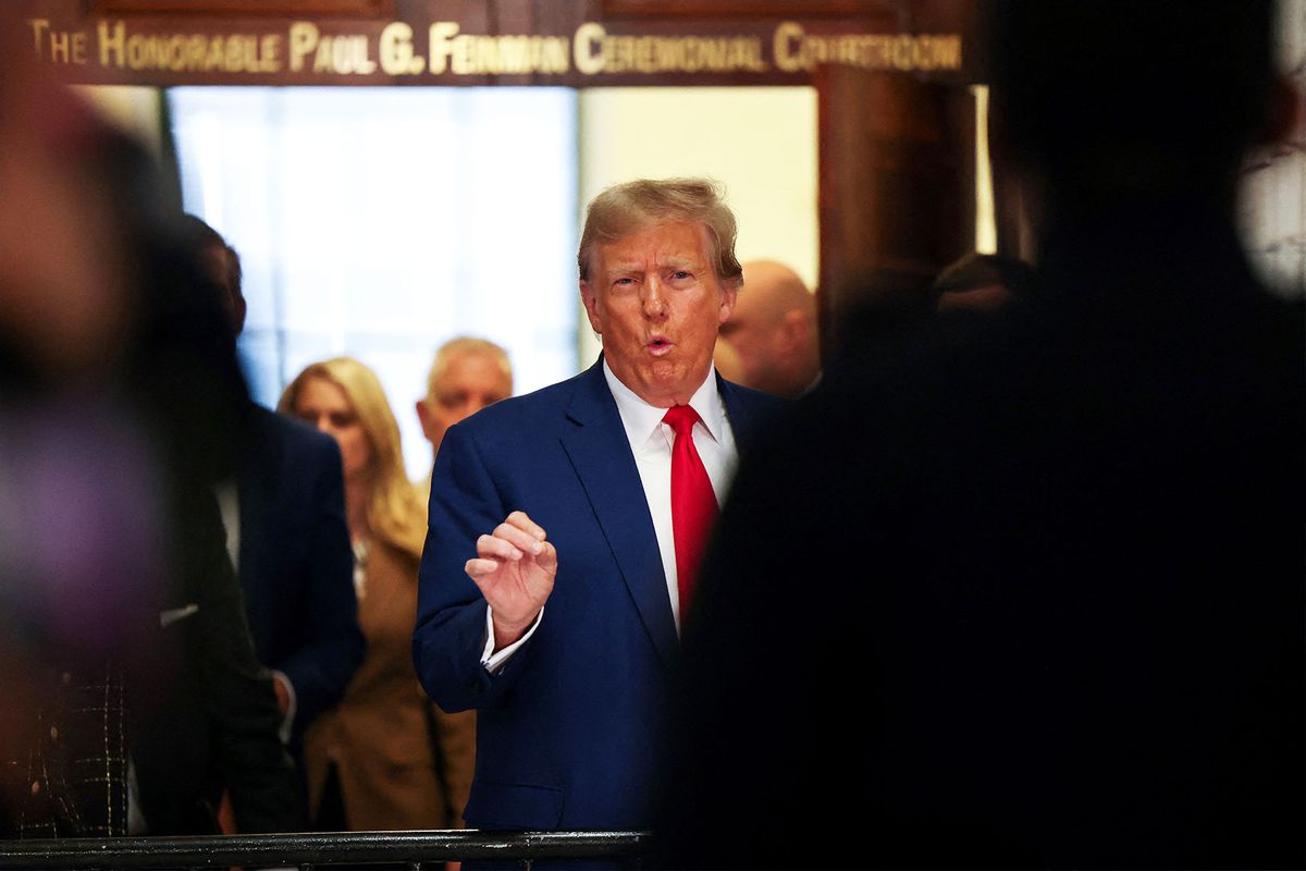 Former US President Donald Trump speaks to the press during a break at the New York State Supreme Court during the civil fraud trial against the Trump Organization, in New York City on January 11, 2024. (HARLY TRIBALLEAU/AFP via Getty Images)