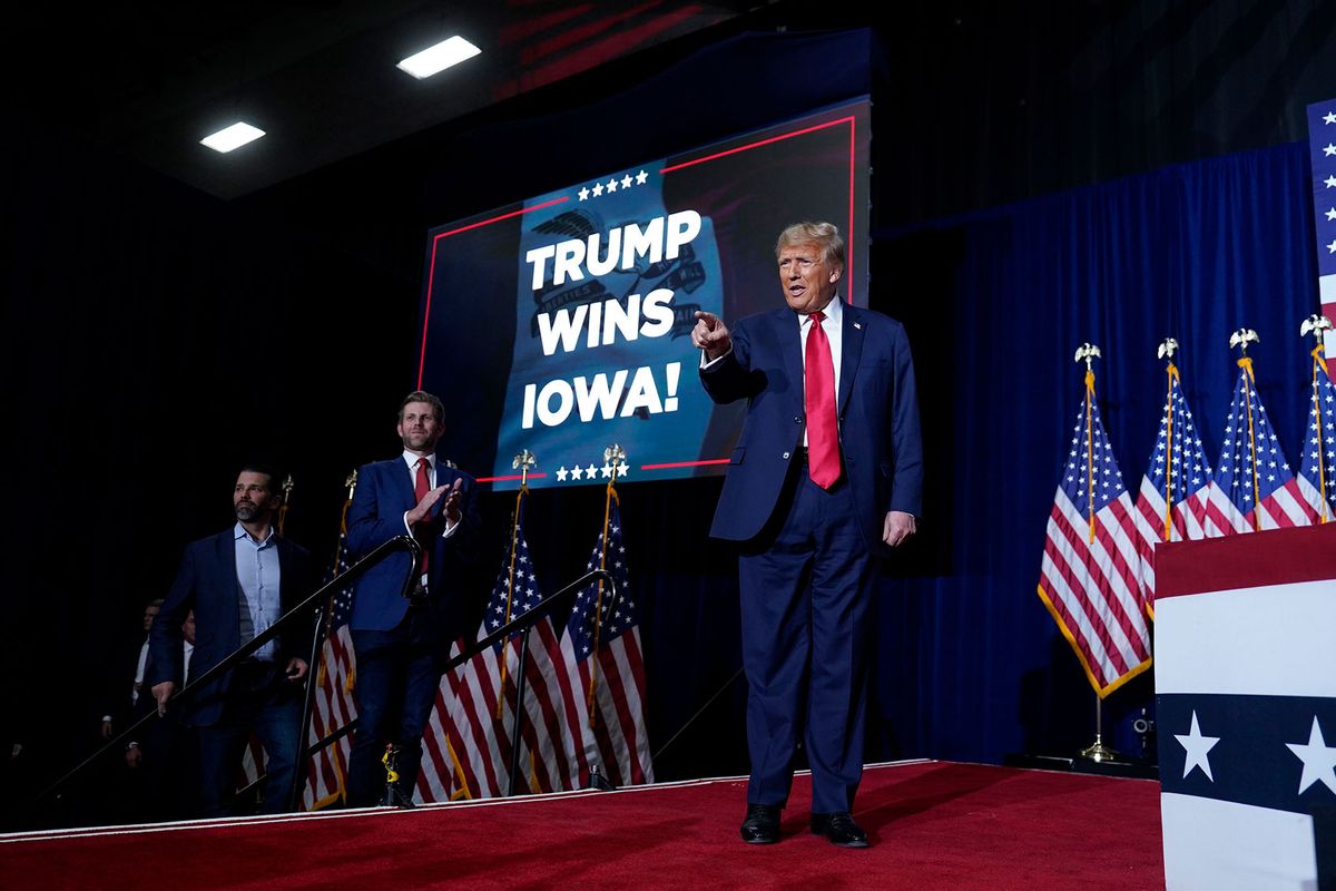 Former president Donald Trump speaks during his Caucus Night watch party at the Iowa Events Center on Monday, January 15, 2024 in Des Moines, Iowa. (Jabin Botsford/The Washington Post via Getty Images)