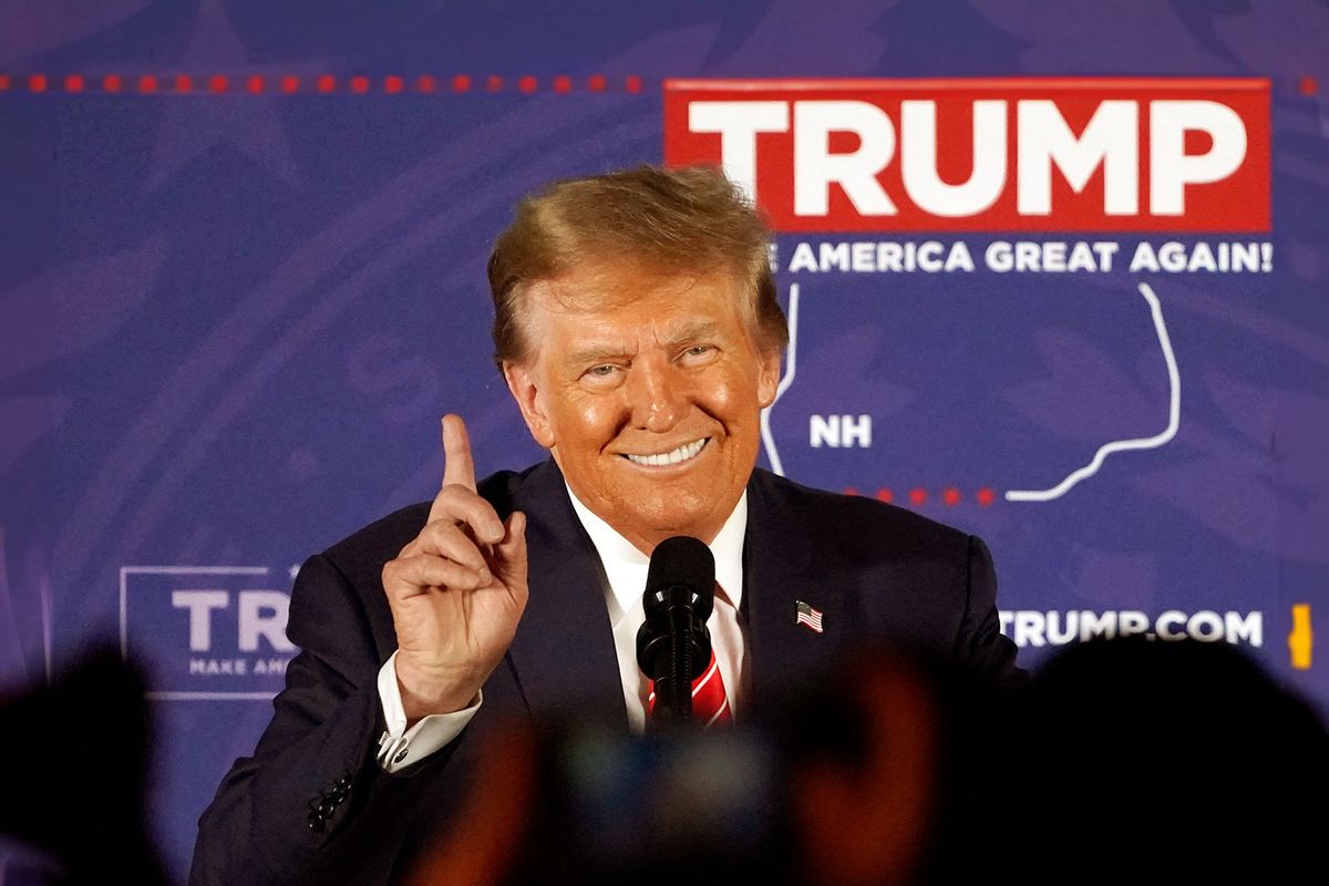 Republican presidential hopeful and former US President Donald Trump gestures as he speaks during a rally in Laconia, New Hampshire, January 22, 2024. (TIMOTHY A. CLARY/AFP via Getty Images)