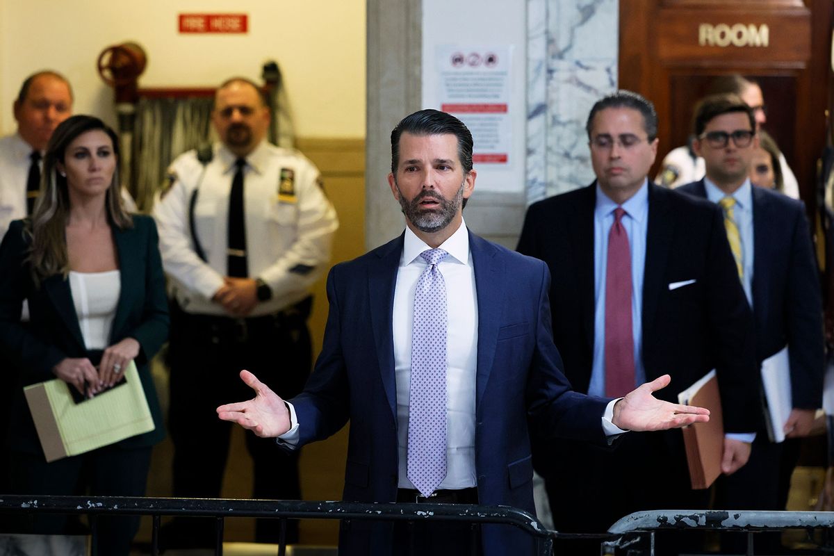 Donald Trump Jr. speaks as he leaves the courtroom after testifying in his civil fraud trial at New York State Supreme Court on November 13, 2023 in New York City. (Michael M. Santiago/Getty Images)