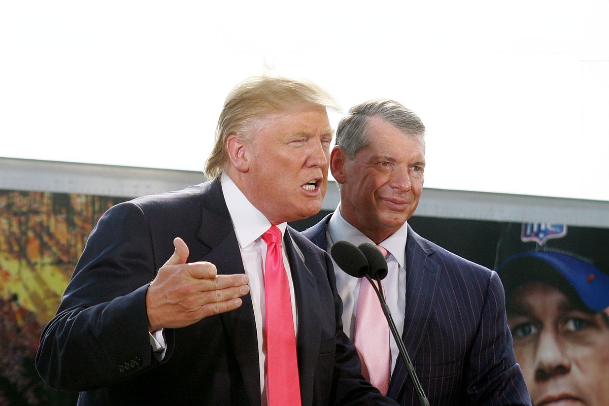 Vince McMahon (R) and Donald Trump attend a press conference about the WWE at the Austin Straubel International Airport on June 22, 2009 in Green Bay, Wisconsin. (Mark A. Wallenfang/Getty Images)