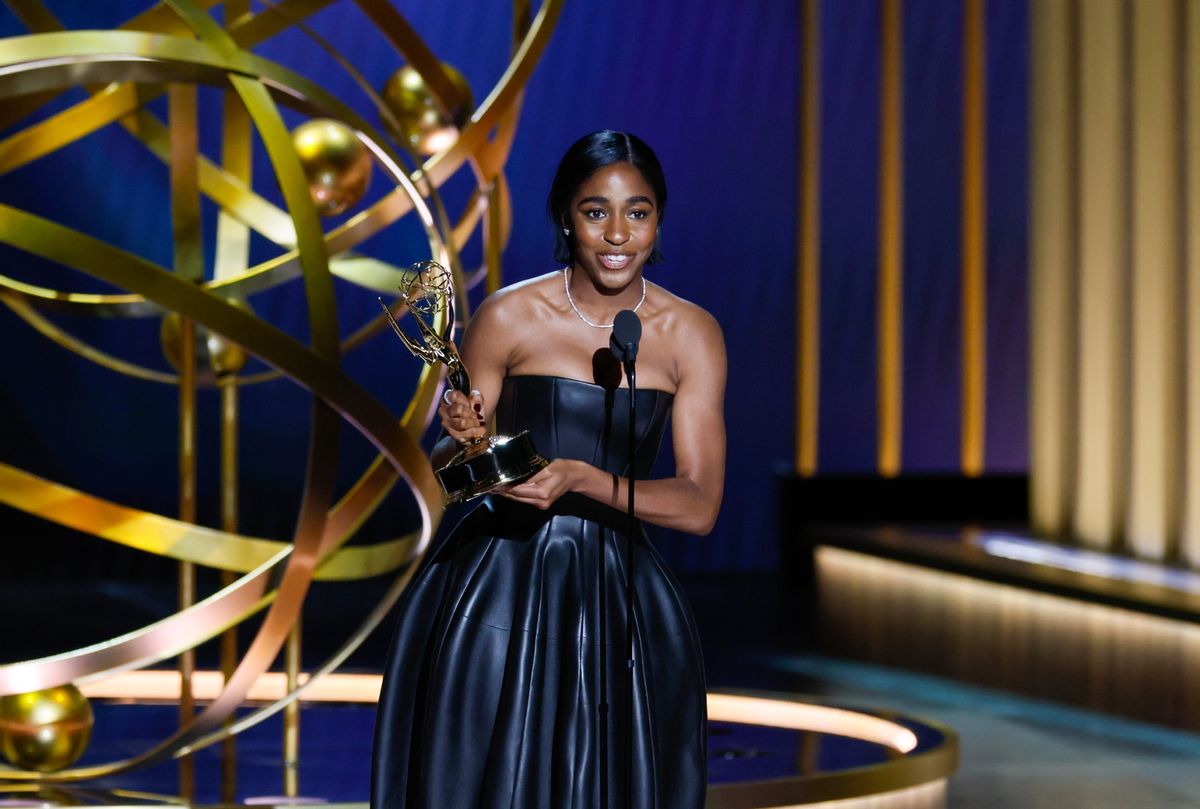 Ayo Edebiri wins the award for supporting actress in a comedy series at the 75th Primetime Emmy Awards at the Peacock Theater in Los Angeles, CA, Monday, Jan. 15, 2024 (Los Angeles Times via Getty Images)