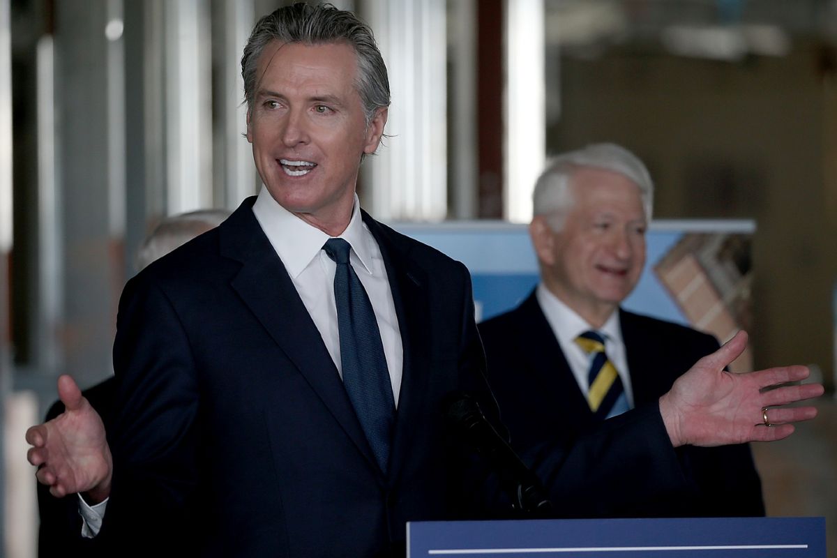 California Governor Gavin Newsom speaks to University of California and elected officials on a tour of the former Westside Pavilion shopping center in Los Angeles on Wednesday, Jan. 3, 2024. (Luis Sinco / Los Angeles Times via Getty Images)