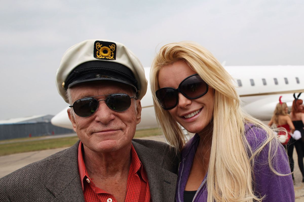 Playboy founder Hugh Hefner and his fiance Crystal Harris arrives at Stansted Airport on June 2, 2011 in Stansted, England. (Dan Kitwood/Getty Images)