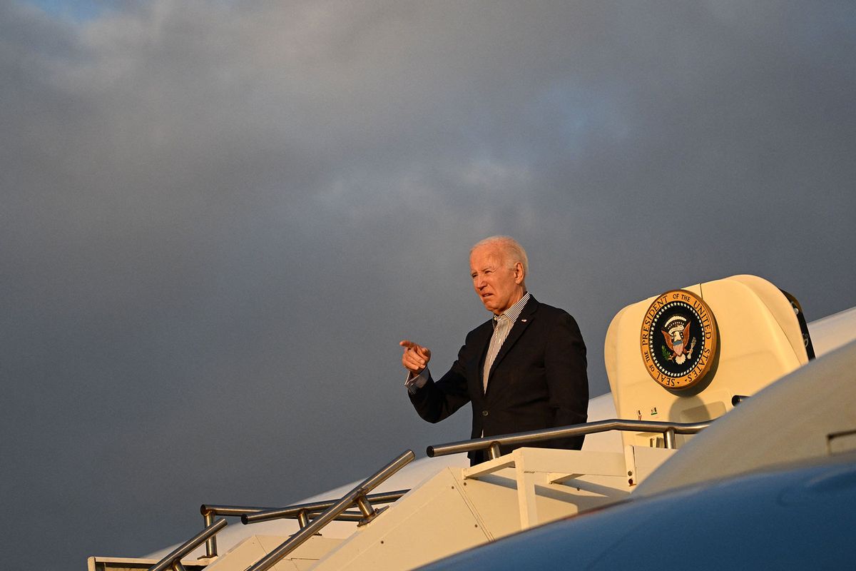 US President Joe Biden boards Air Force One before departing Joint Base Charleston in South Carolina on January 8, 2024. (MANDEL NGAN/AFP via Getty Images)