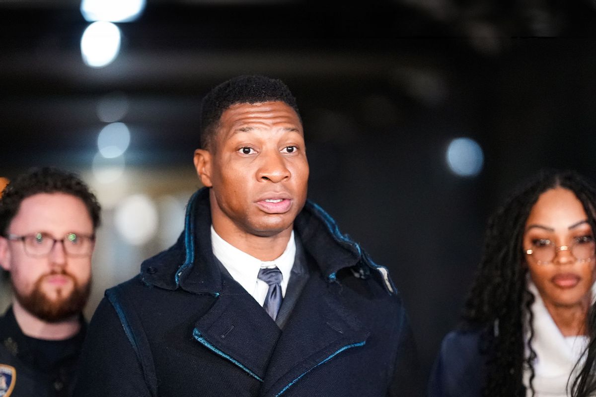 Actor Jonathan Majors leaves the courthouse following closing arguments in Majors' domestic violence trial at Manhattan Criminal Court on December 15, 2023 in New York City. (John Nacion/Getty Images)