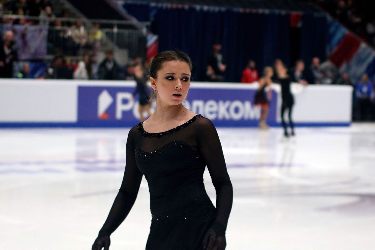 Kamila Valieva, performs in figure skating, at the Russian Women's Jumping Championship 2022 in St. Petersburg, at the Yubileyny sports complex. (Maksim Konstantinov/SOPA Images/LightRocket via Getty Images)