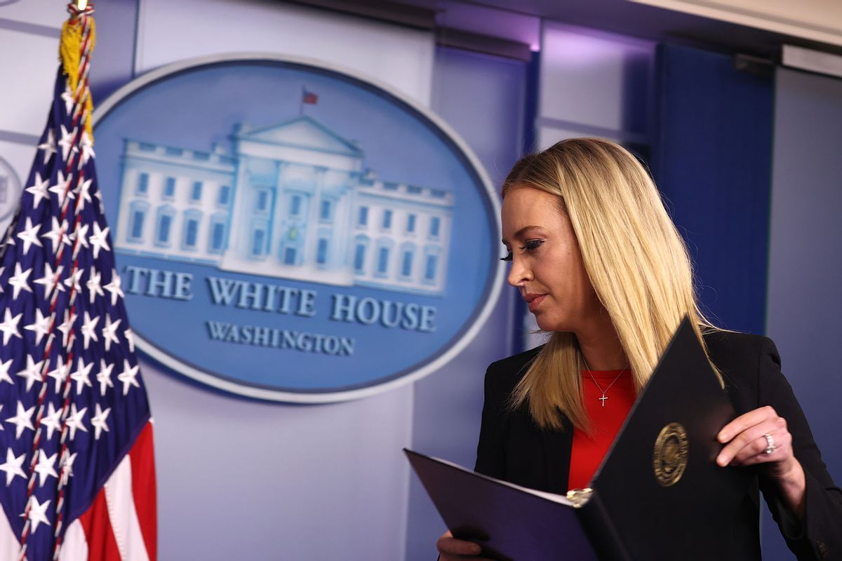 White House Press Secretary Kayleigh McEnany leaves the podium after making a statement in the James Brady Press Briefing Room on January 07, 2021 in Washington, DC. (Tasos Katopodis/Getty Images)