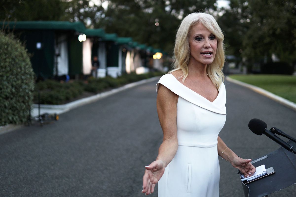 White House senior counselor Kellyanne Conway speaks to the media outside the West Wing of the White House August 26, 2020 in Washington, DC. (Alex Wong/Getty Images)
