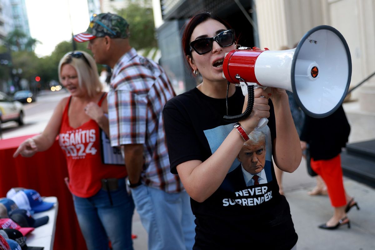 Laura Loomer shows her support for former President Donald Trump outside a campaign event for Republican presidential candidate Florida Gov. Ron DeSantis at The Vault on October 05, 2023 in Tampa, Florida. (Joe Raedle/Getty Images)