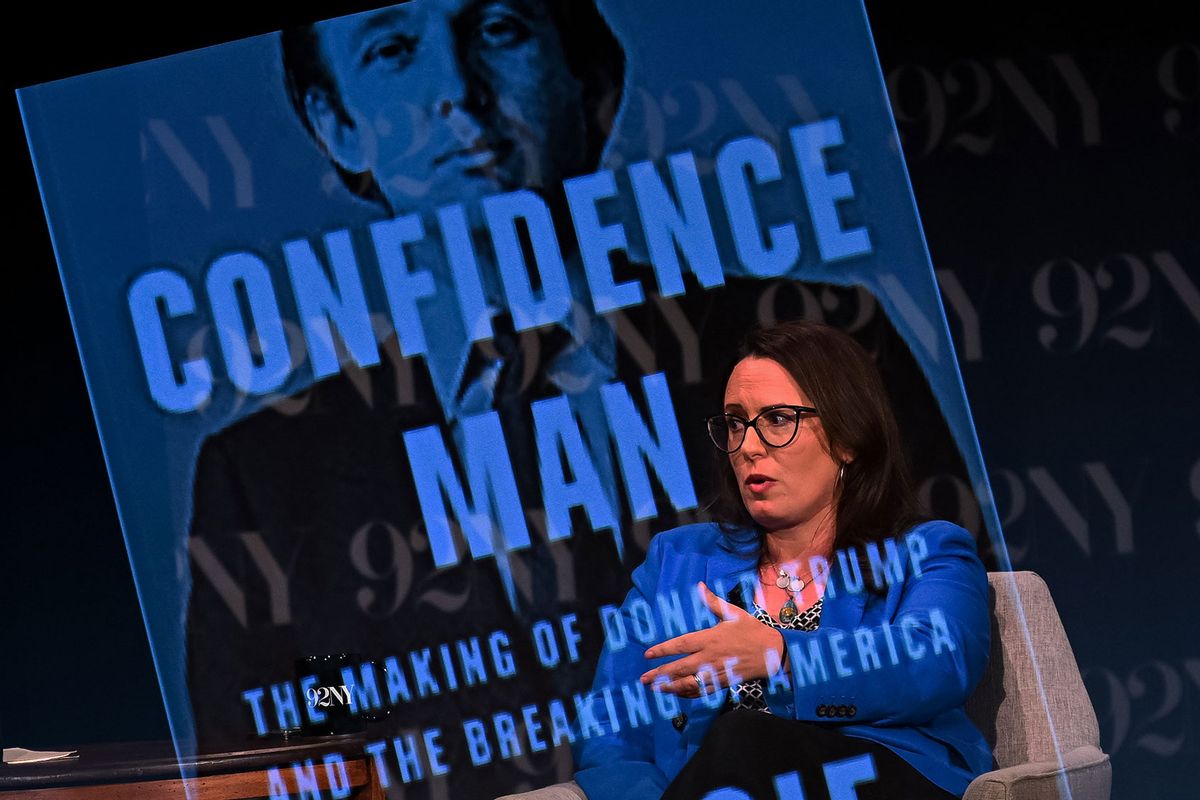 The cover of Maggie Haberman's new book "Confidence Man" is seen in this multiple exposure illustration photo during an interview during "Confidence Man" - Maggie Haberman In Conversation With Alex Burns at 92NY on October 03, 2022 in New York City. (Alexi Rosenfeld/Getty Images)