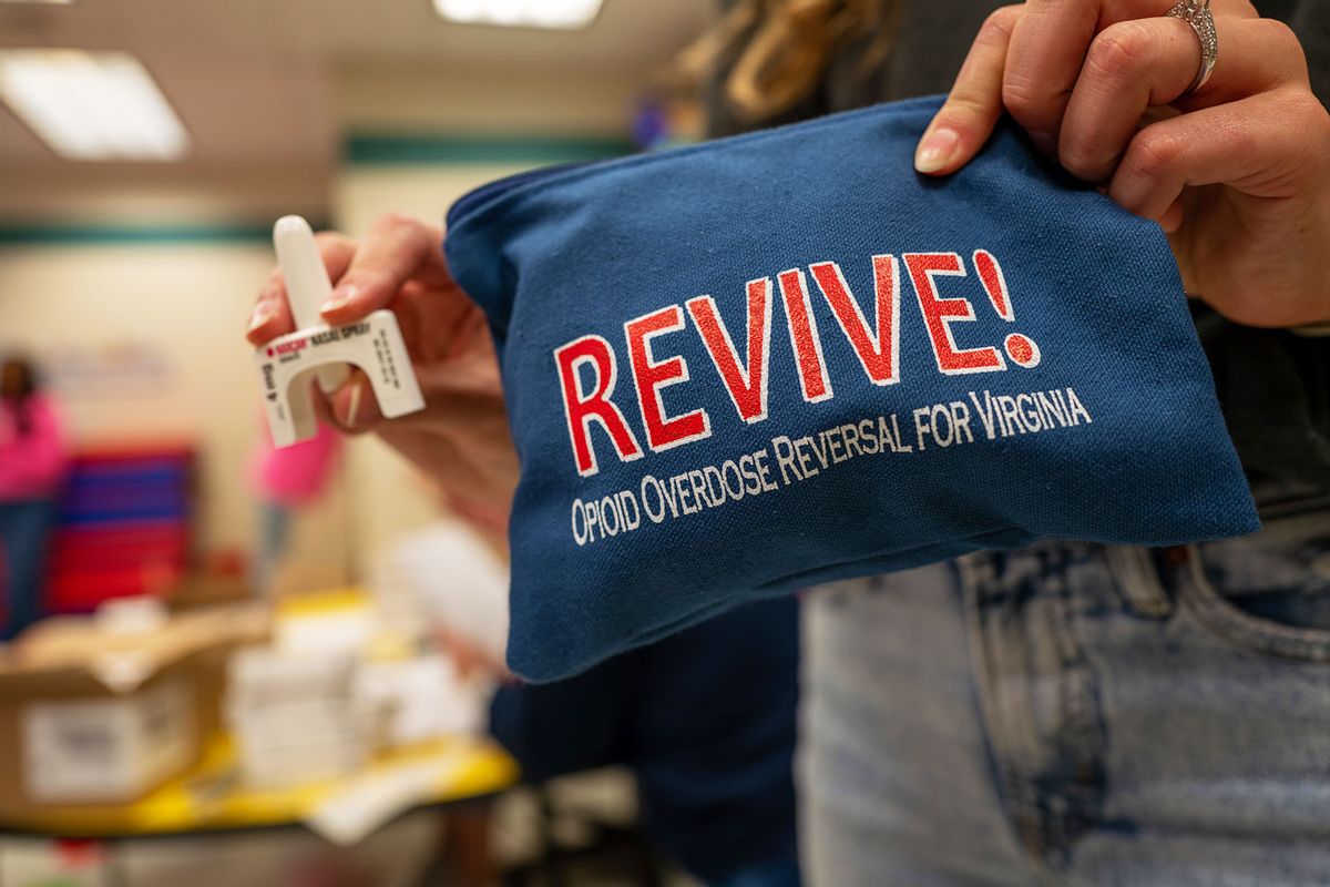 A medical student displays a pouch of Narcan, which is used to revive an overdose, at a Remote Area Medical (RAM) mobile dental and medical clinic on October 07, 2023 in Grundy, Virginia. (Spencer Platt/Getty Images)
