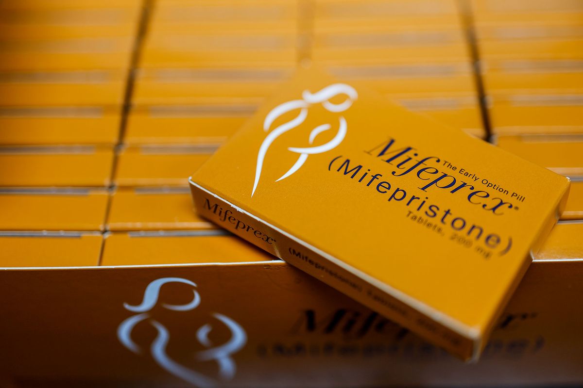 In this photo illustration, packages of Mifepristone tablets are displayed at a family planning clinic on April 13, 2023 in Rockville, Maryland. (Photo illustration by Anna Moneymaker/Getty Images)