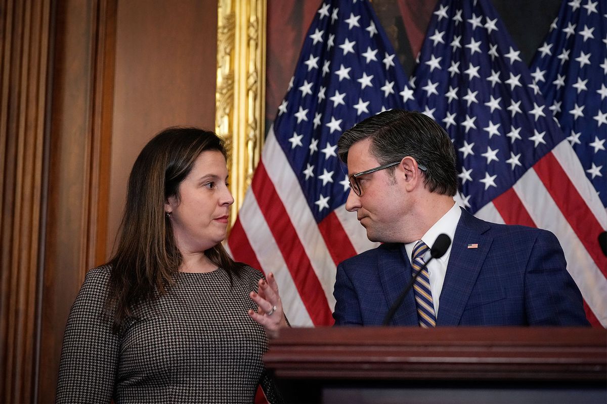 Rep. Elise Stefanik (R-NY) confers with U.S. Speaker of the House Mike Johnson (R-LA) during a news conference in the Rayburn Room of the U.S. Capitol November 7, 2023 in Washington, DC. (Drew Angerer/Getty Images)