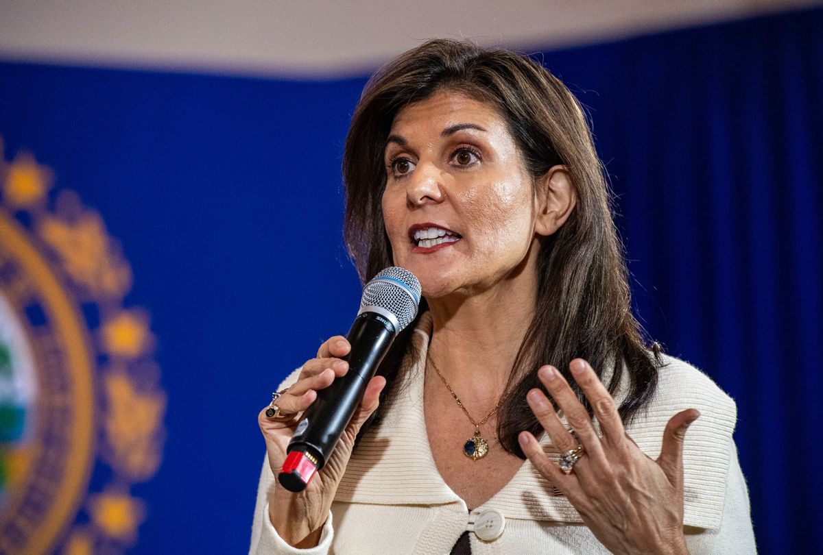 Former UN ambassador and 2024 Republican presidential hopeful Nikki Haley speaks at a campaign town hall event at Wentworth by the Sea Country Club in Rye, New Hampshire on January 2, 2024.  (JOSEPH PREZIOSO/AFP via Getty Images)