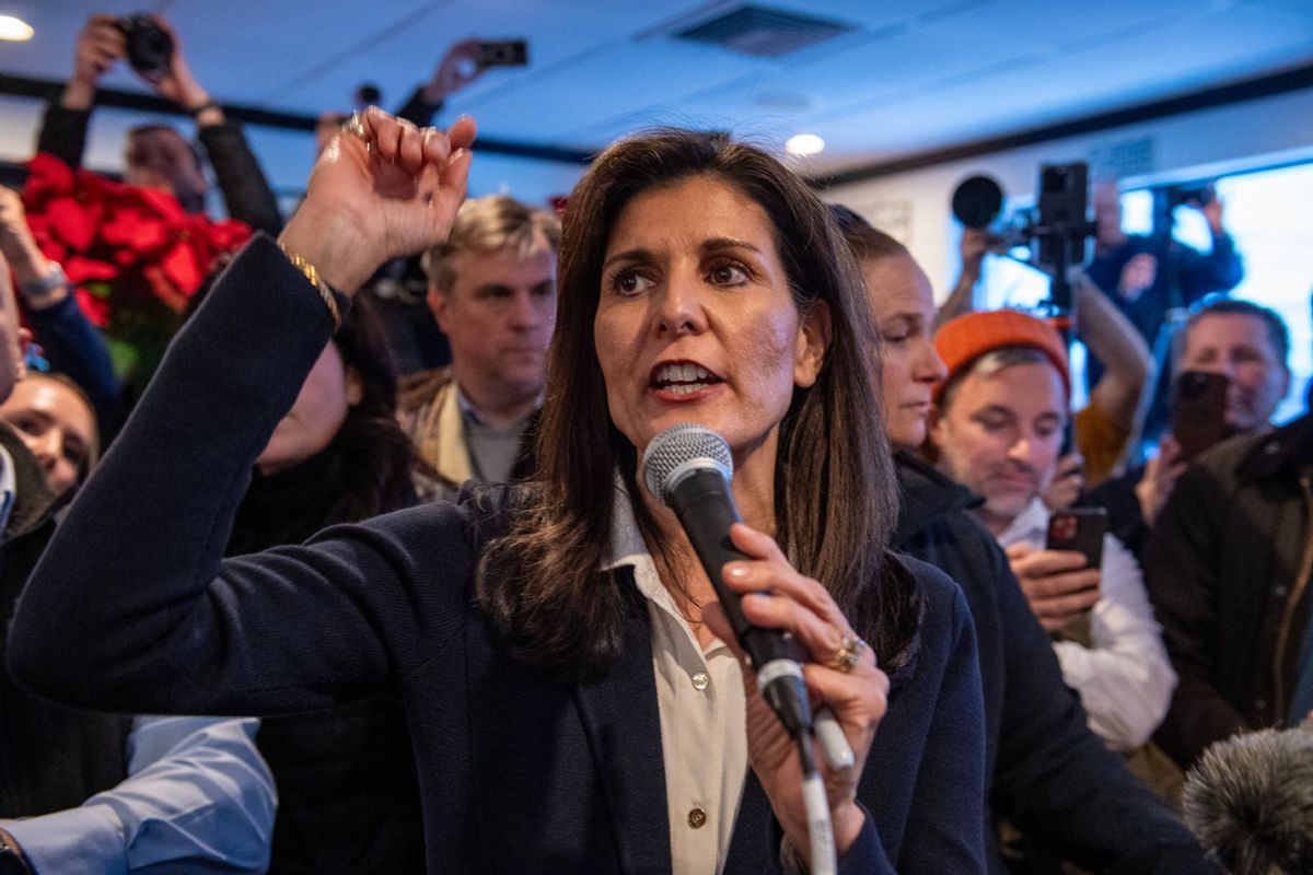Former UN ambassador and US 2024 Republican presidential hopeful Nikki Haley speaks to voters at a get-out-the-vote campaign stop at the 603 Grill in Milford, New Hampshire, on January 19, 2024.  (JOSEPH PREZIOSO/AFP via Getty Images)