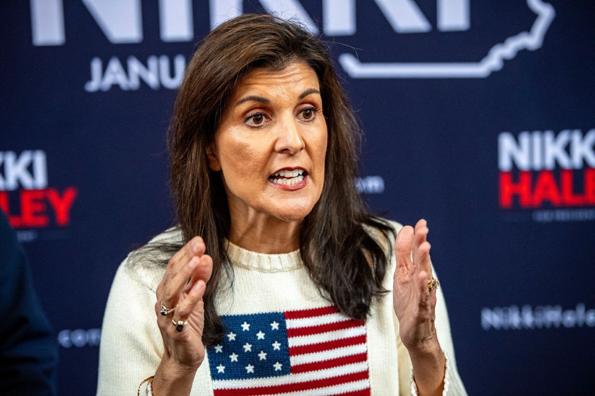 Republican presidential hopeful and former UN Ambassador Nikki Haley speaks to the press at a campaign event at the Monadnock Center for History & Culture in Peterborough, New Hampshire, on January 20, 2024.  (JOSEPH PREZIOSO/AFP via Getty Images)