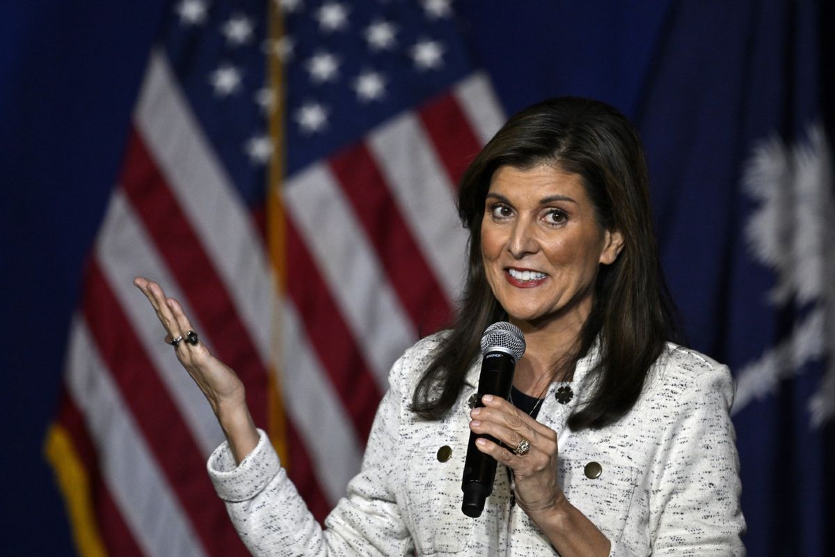 Nikki Haley hosts a rally in North Charleston to kick off her swing in the Palmetto State leading up to the State's primary, in Charleston, South Caroline, United States on January 24, 2024.  (Peter Zay/Anadolu via Getty Images)