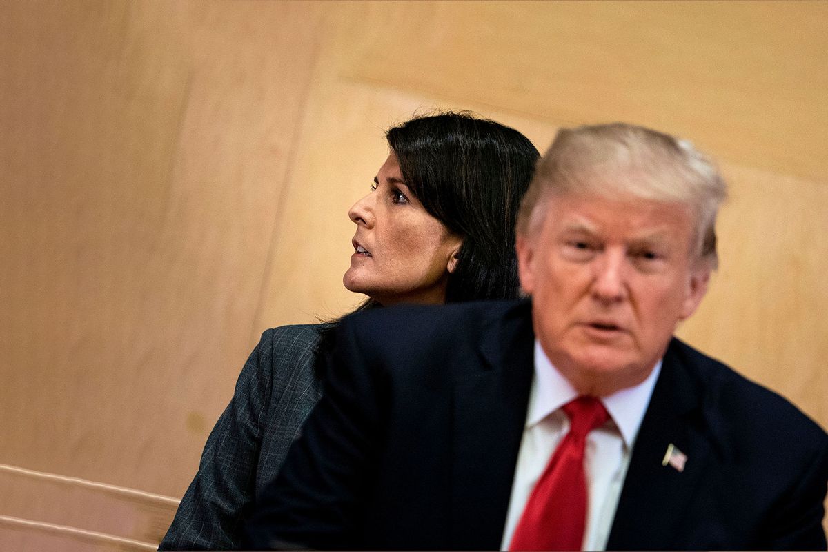 Former US Ambassador to the UN Nikki Haley and former President Donald Trump wait for a meeting on United Nations Reform at UN headquarters in New York on September 18, 2017. (BRENDAN SMIALOWSKI/AFP via Getty Images)