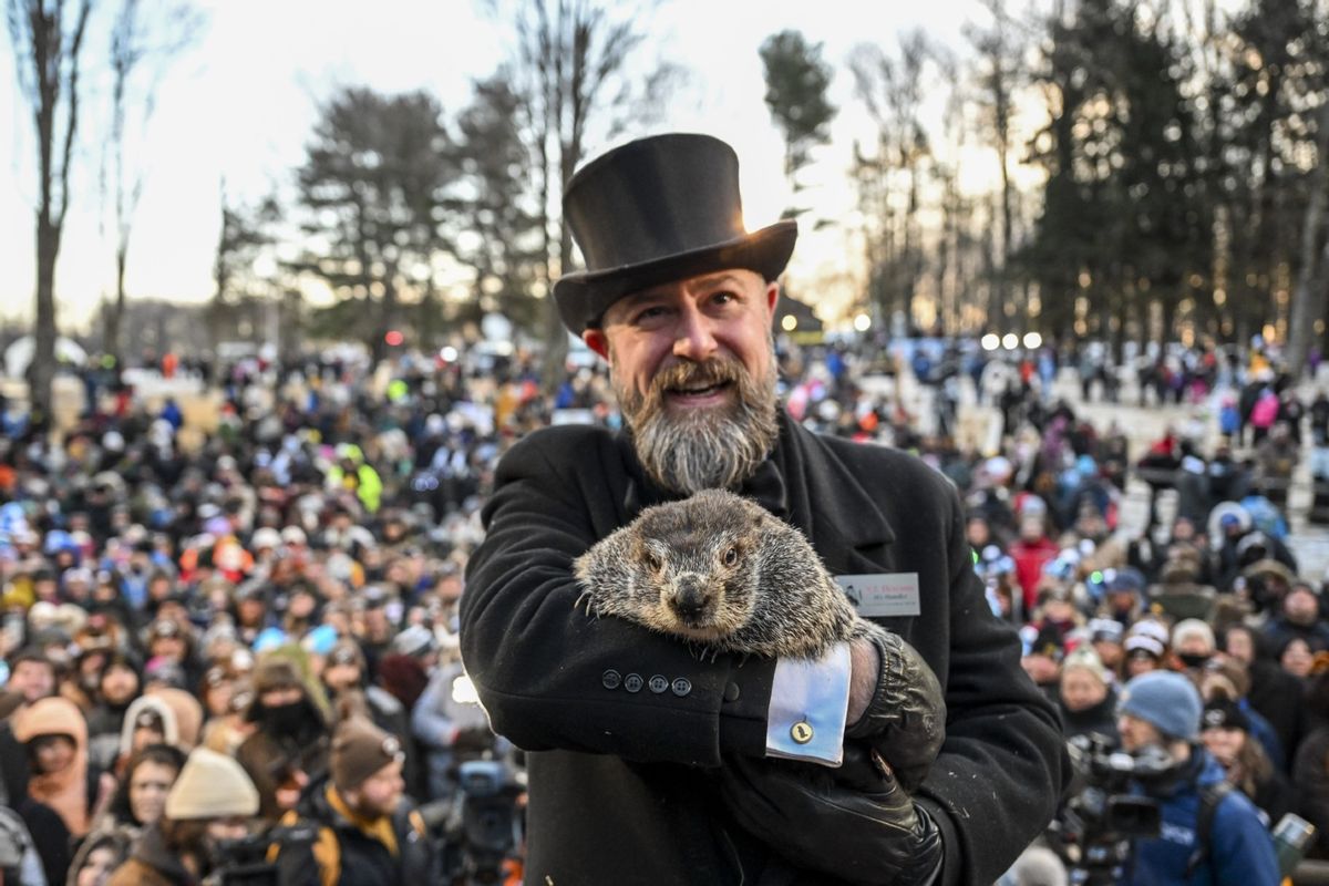 Punxsutawney Phil saw his shadow on Wednesday morning 6 more weeks of winter during Groundhog Day celebration at the Gobbler's Knob in Punxsutawney, Pennsylvania, United States on February 2, 2023.  (Fatih Aktas/Anadolu Agency via Getty Images)