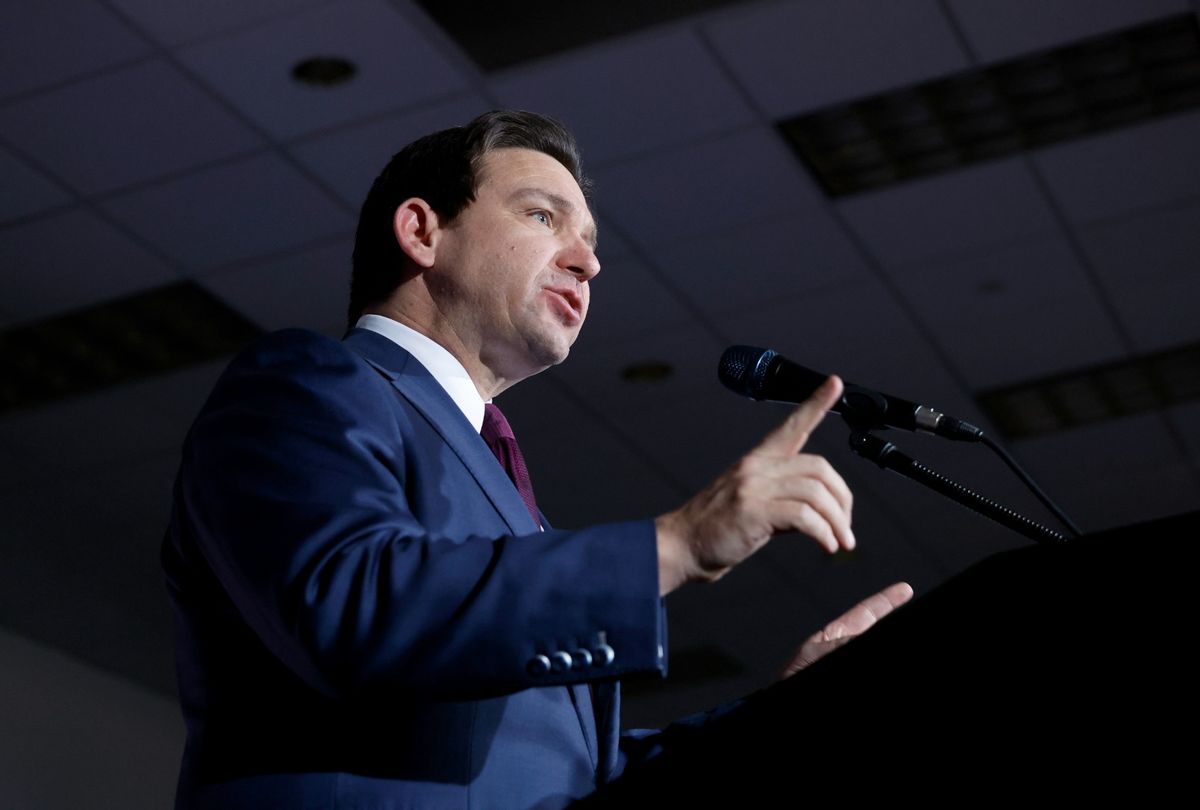 Republican presidential candidate Florida Gov. Ron DeSantis speaks at his caucus night event on January 15, 2024 in West Des Moines, Iowa.  (Anna Moneymaker/Getty Images)