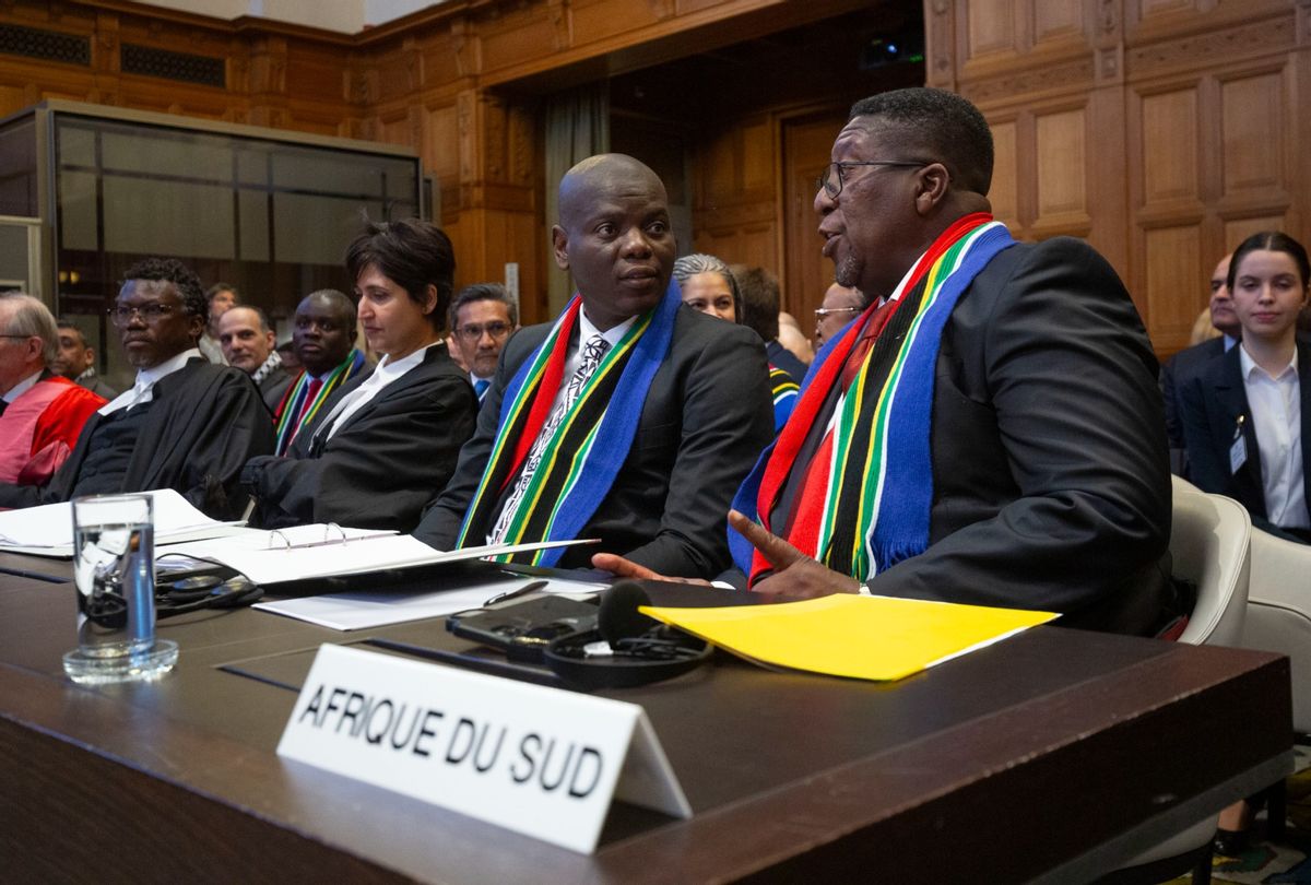 Vusimuzi Madonsela, South African Amabassador in the Netherlands, and Ronald Lamola, South African Minister of Justice prepare to attend a heraring as South Africa has requested the court to indicate measures concerning alleged violations of human rights by Israel in Gaza on January 11, 2024 in The Hague, Netherlands.  (Michel Porro/Getty Images)