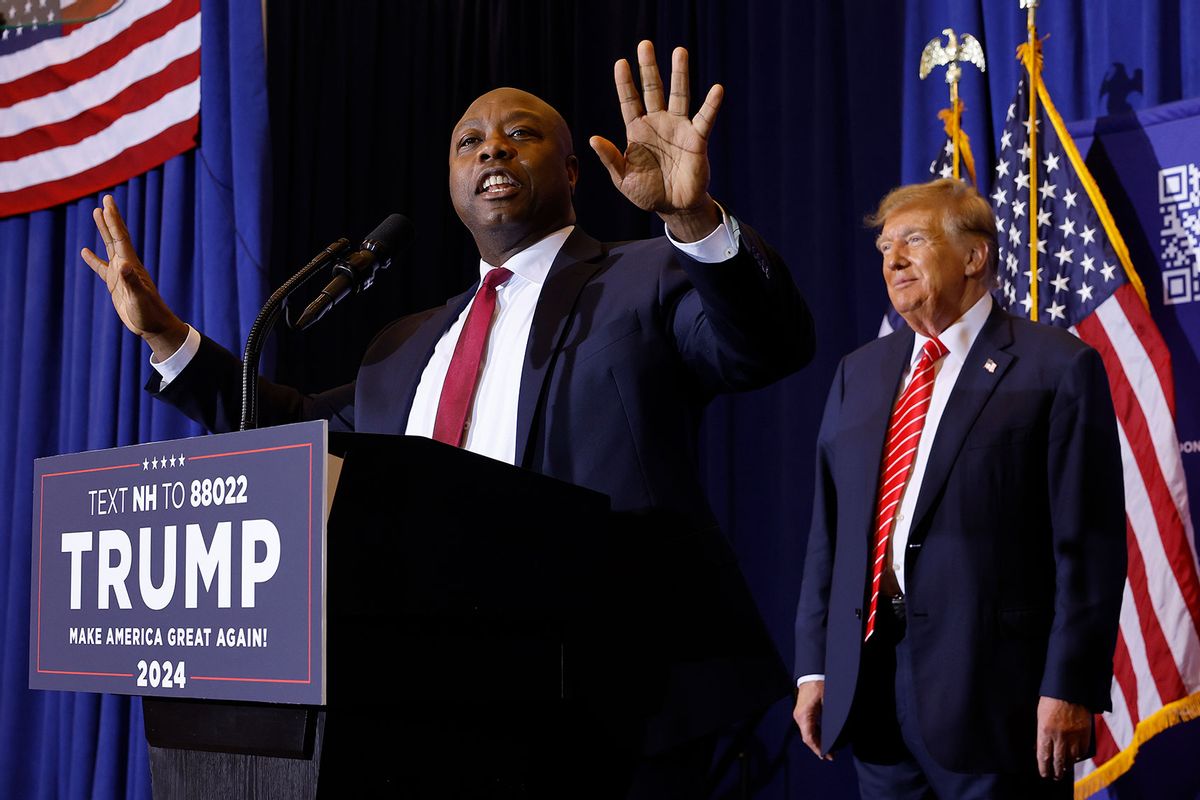 Sen. Tim Scott (R-SC) speaks during a campaign rally for Republican presidential candidate and former President Donald Trump at the Grappone Convention Center on January 19, 2024 in Concord, New Hampshire. (Chip Somodevilla/Getty Images)