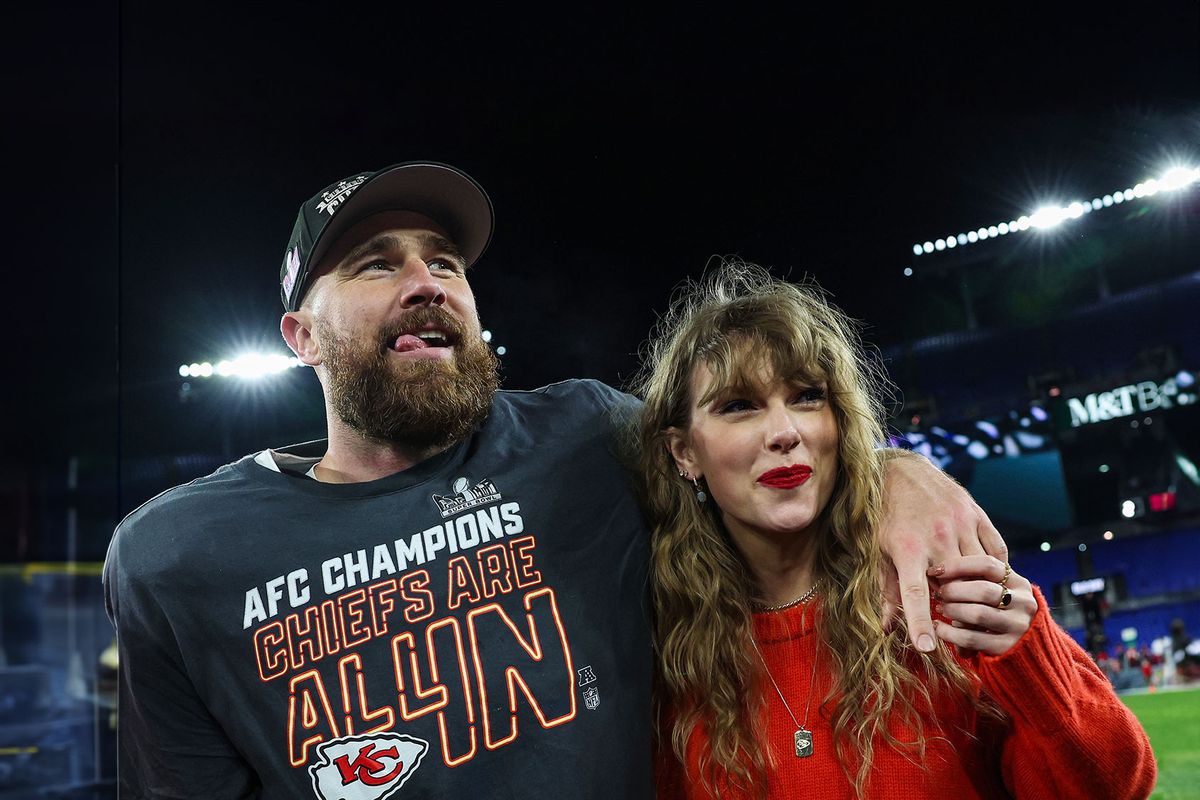Travis Kelce #87 of the Kansas City Chiefs (L) celebrates with Taylor Swift after defeating the Baltimore Ravens in the AFC Championship Game at M&T Bank Stadium on January 28, 2024 in Baltimore, Maryland. (Patrick Smith/Getty Images)