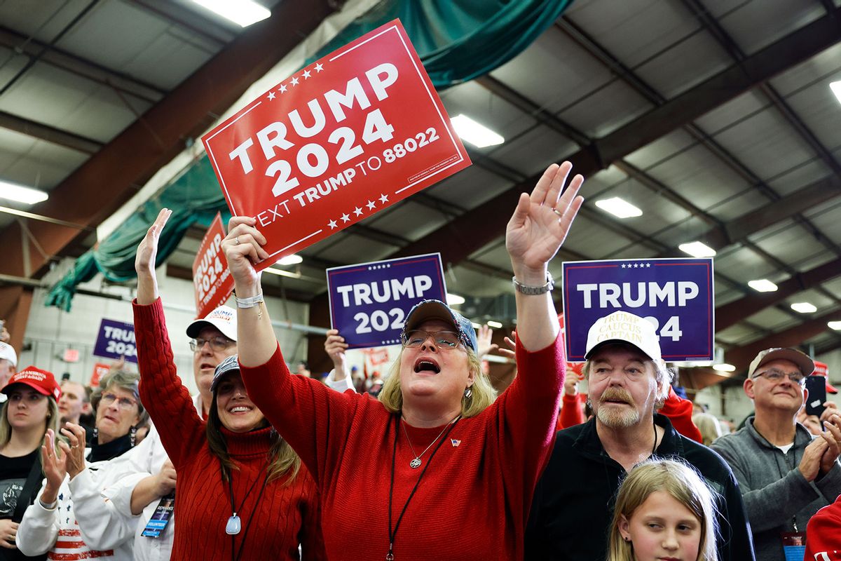 Audience members cheer as Republican presidential candidate, former U.S. President Donald Trump arrives at a campaign rally on January 05, 2024 in Mason City, Iowa. (Anna Moneymaker/Getty Images)