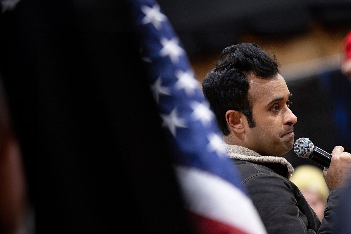 Republican presidential hopeful Vivek Ramaswamy speaks to supporters during a campaign stop in Orange City, Iowa, on Saturday, January 13, 2024. (Tom Brenner for The Washington Post via Getty Images)