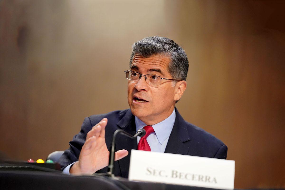 Secretary of Health and Human Services Xavier Becerra answers questions at a Senate Health, Education, Labor, and Pensions Committee hearing to discuss reopening schools during Covid-19 at Capitol Hill on September 30, 2021 in Washington, DC. (Greg Nash- Pool/Getty Images)