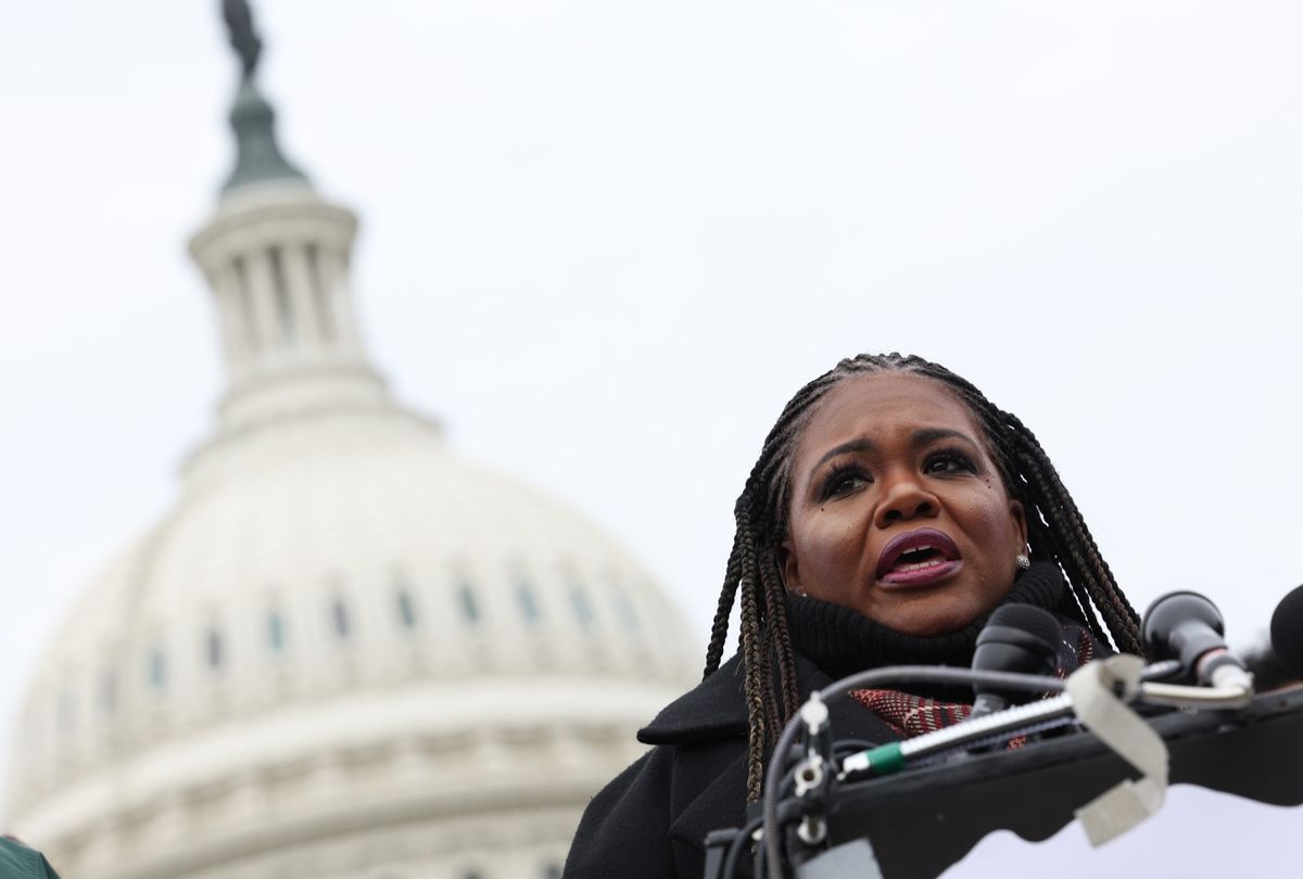 Rep. Cori Bush (D-MO) speak at a press conference outside of the U.S. Capitol on December 07, 2023 in Washington, DC.  (Kevin Dietsch/Getty Images)