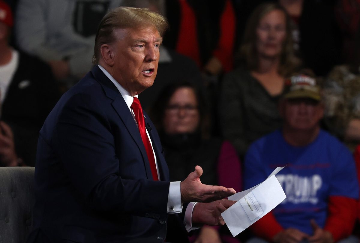 Former President Donald Trump speaks during a Fox News town hall at the Greenville Convention Center on February 20, 2024 in Greenville, South Carolina. (Justin Sullivan/Getty Images)