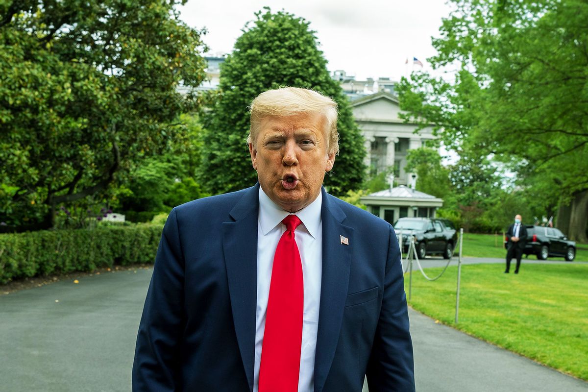 US President Donald Trump talks to the media after landing on the south lawn of the White House on May 17, 2020 in Washington, DC. (Tasos Katopodis/Getty Images)