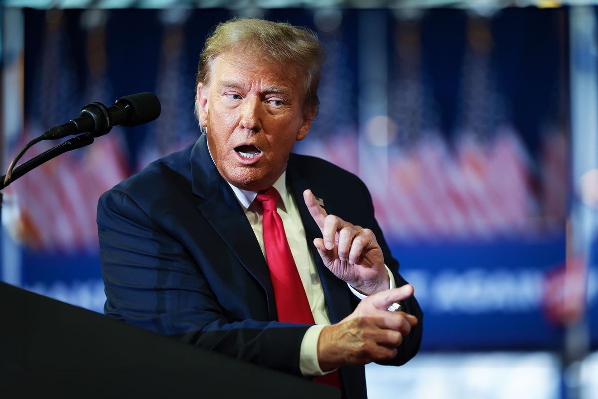 Republican presidential candidate and former President Donald Trump mocks U.S. President Joe Biden while speaking during a Get Out The Vote rally at Coastal Carolina University on February 10, 2024 in Conway, South Carolina. (Win McNamee/Getty Images)