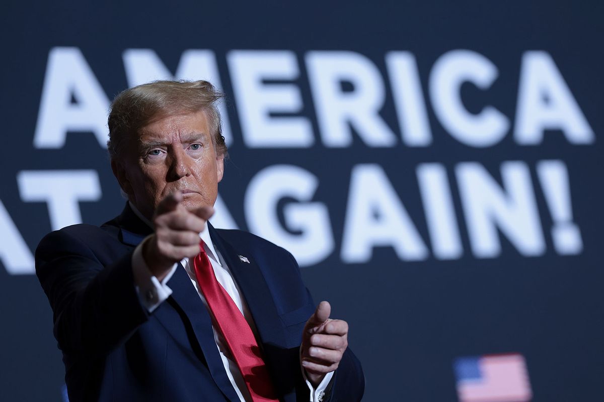 Republican presidential candidate, former U.S. President Donald Trump gestures to supporters after speaking at a Get Out The Vote rally at the North Charleston Convention Center on February 14, 2024 in North Charleston, South Carolina. (Win McNamee/Getty Images)