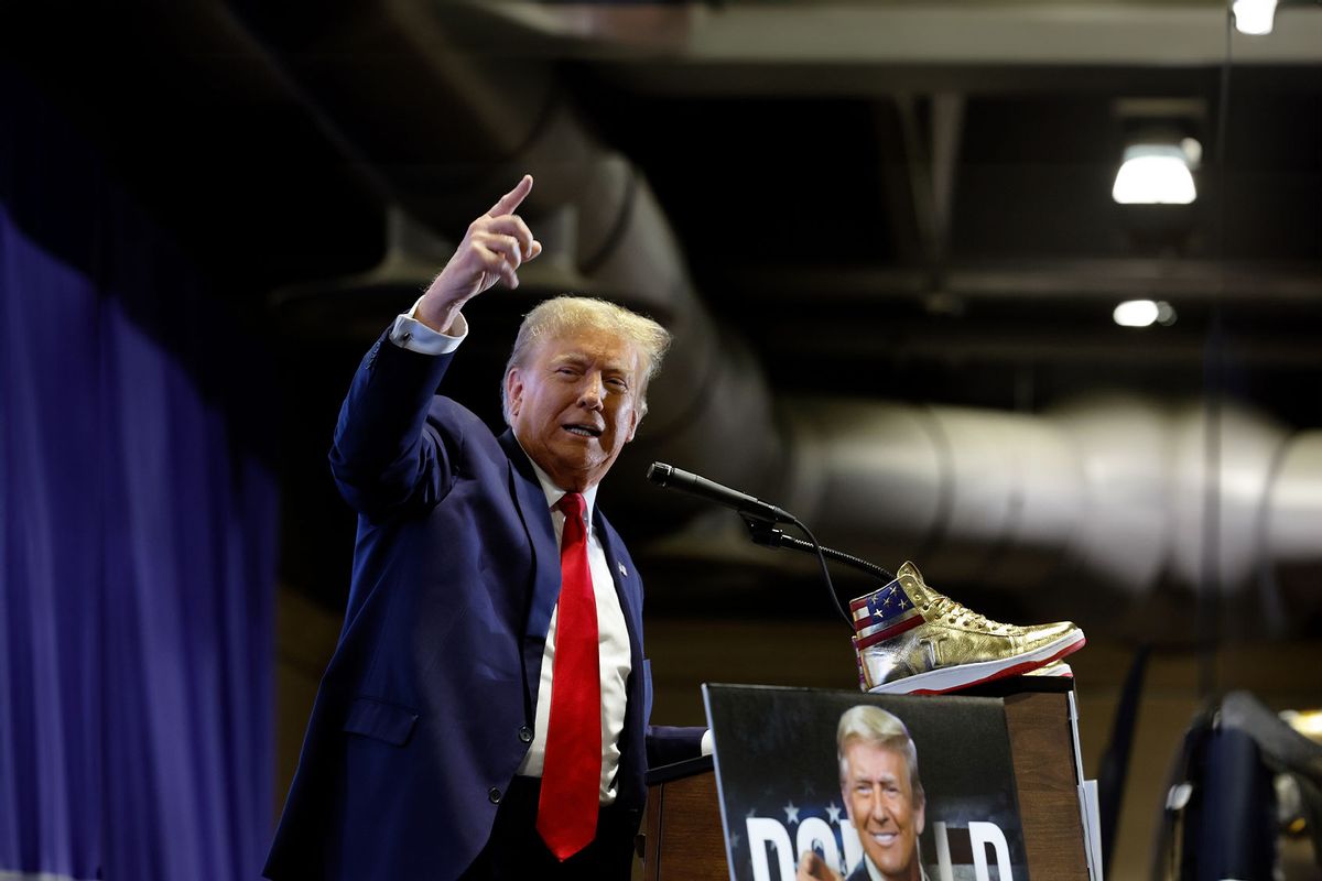 Republican presidential candidate and former President Donald Trump takes the stage to introduce a new line of signature shoes at Sneaker Con at the Philadelphia Convention Center on February 17, 2024 in Philadelphia, Pennsylvania. (Chip Somodevilla/Getty Images)