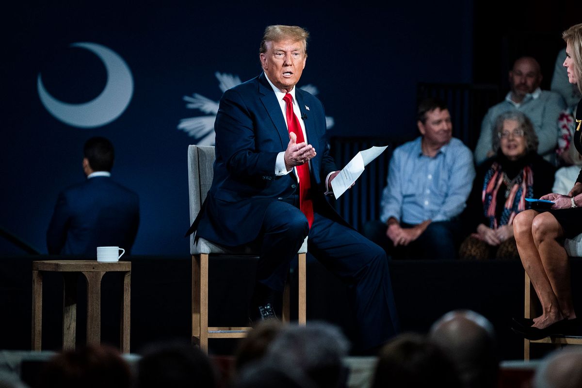 Republican presidential candidate former President Donald Trump speaks with moderator Laura Ingraham during a Fox News Channel town Hall held in Greenville, SC on Tuesday, Feb 20, 2024. (Jabin Botsford/The Washington Post via Getty Images)