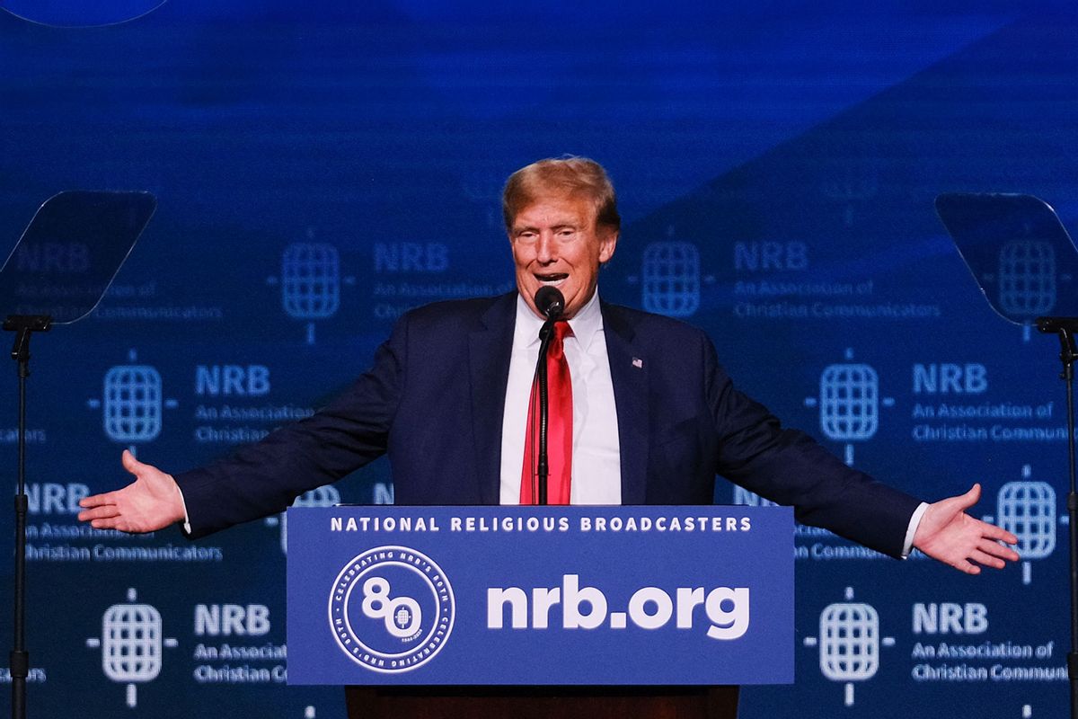 Former US President and 2024 presidential hopeful Donald Trump addresses Christian broadcasters at the National Religious Broadcasters (NRB) International Christian Media Convention in Nashville, Tennessee, on February 22, 2024. (KEVIN WURM/AFP via Getty Images)