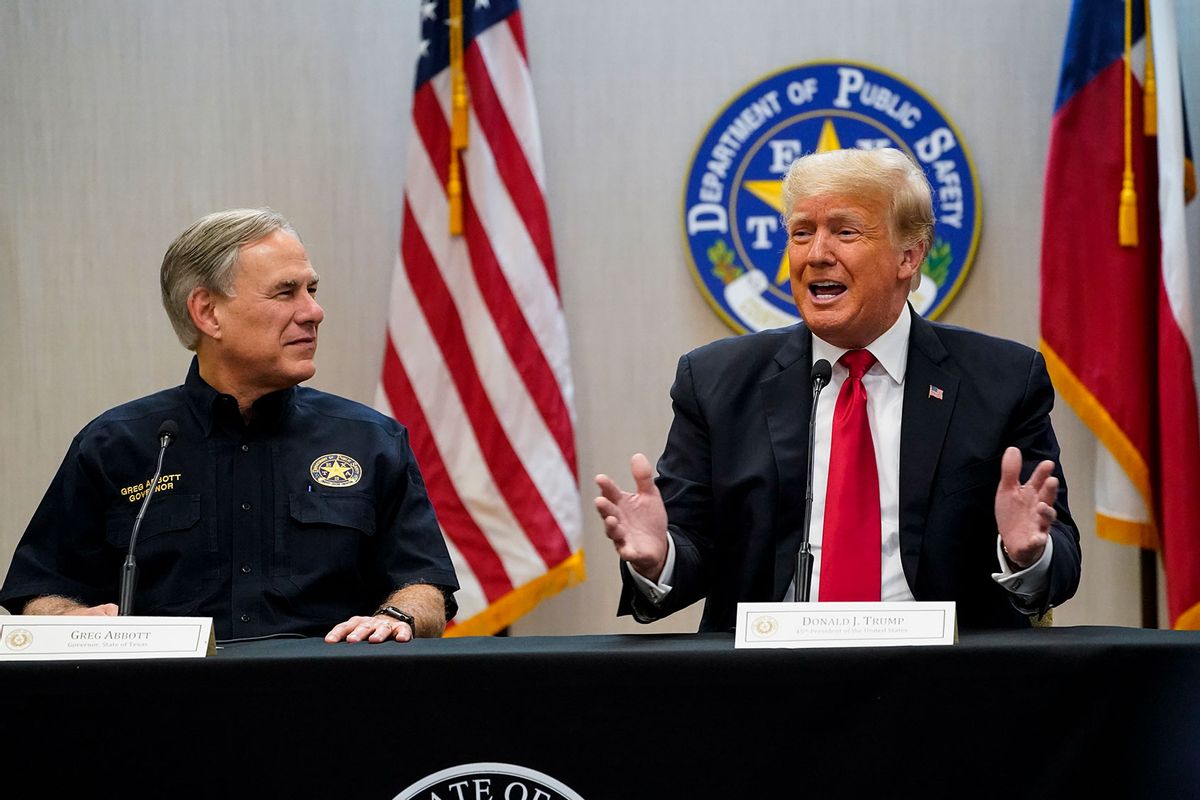 Texas Governor Greg Abbott and former President Donald J. Trump attend a security briefing with state officials and law enforcement at the Weslaco Department of Public Safety DPS Headquarters before touring the US-Mexico border wall on Wednesday, June 30, 2021 in Weslaco, TX. (Jabin Botsford/The Washington Post via Getty Images)