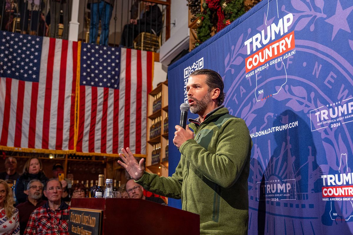 Donald Trump Jr. speaks to supporters at a rally for his father, Republican Presidential candidate, former U.S. President Donald Trump on January 22, 2024 in Hollis, New Hampshire. (Tasos Katopodis/Getty Images)