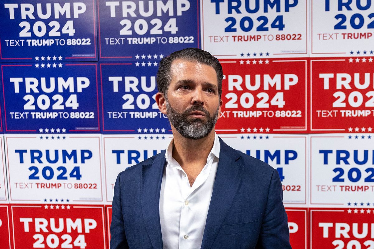 Donald Trump Jr. speaks to media at a rally for his father, Republican Presidential candidate, former U.S. President Donald Trump on February 23, 2024 in Charleston, South Carolina. (Tasos Katopodis/Getty Images)