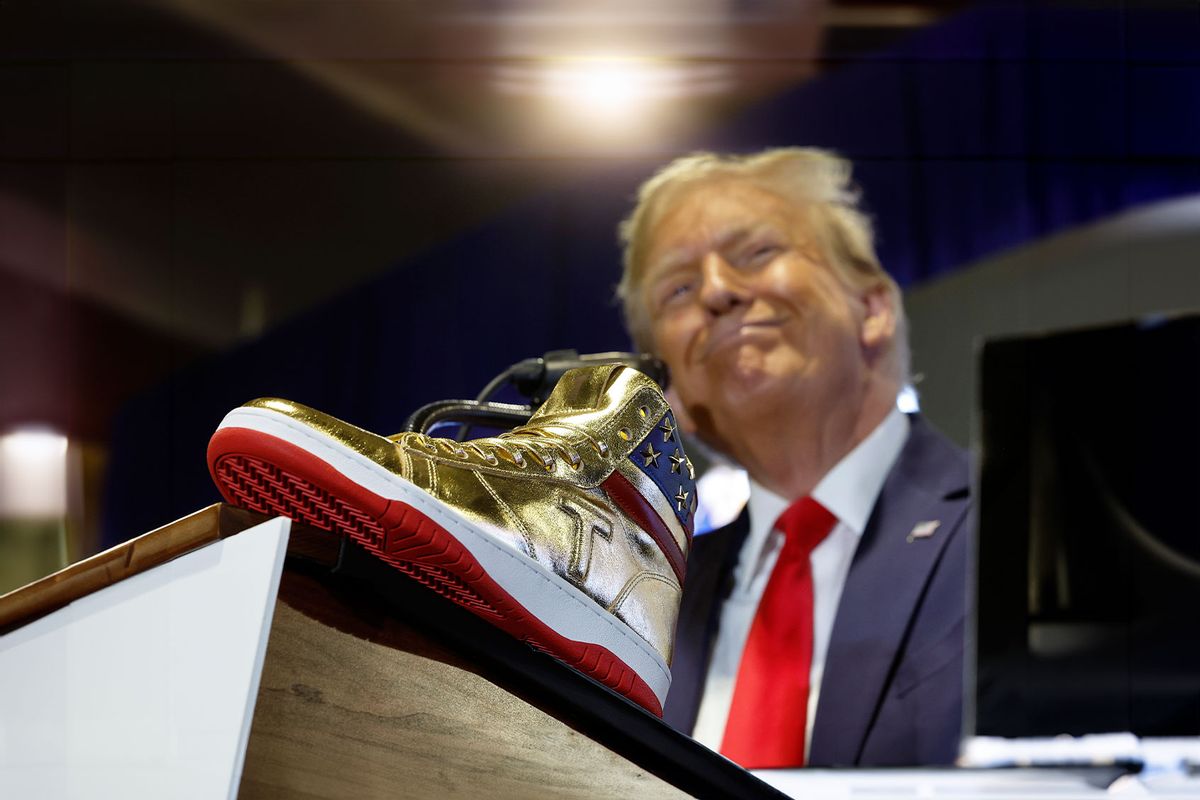 Republican presidential candidate and former President Donald Trump delivers remarks while introducing a new line of signature shoes at Sneaker Con at the Philadelphia Convention Center on February 17, 2024 in Philadelphia, Pennsylvania. (Chip Somodevilla/Getty Images)