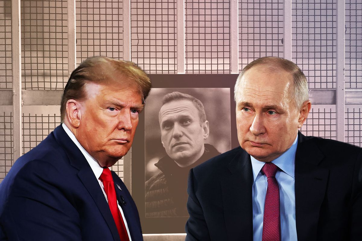 Donald Trump, Vladimir Putin, and a portrait of late Russian opposition leader Alexei Navalny (Photo illustration by Salon/Getty Images)