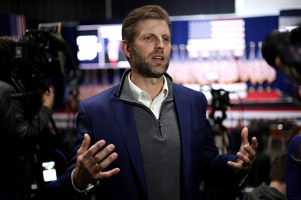 Former President Donald Trump's son Eric Trump speaks to media before his father's caucus night event at the Iowa Events Center on January 15, 2024 in Des Moines, Iowa. (Alex Wong/Getty Images)